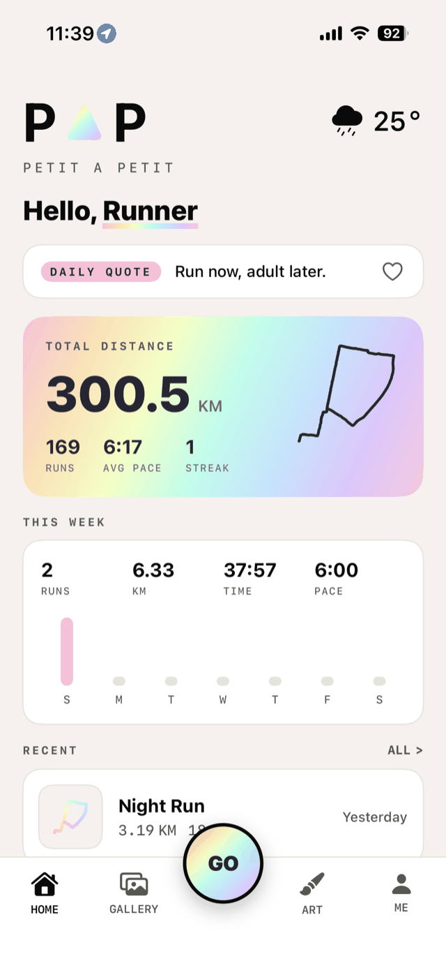 PAP GPS running art app dashboard home screen
